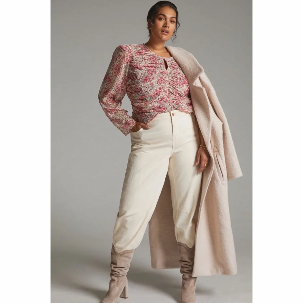 Anthropologie Let Me Be Ruched Floral Blouse Pink Cream Puff Sleeve Small Top